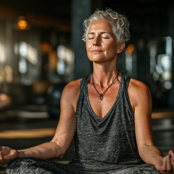 Senior practicând yoga într-un cadru natural și liniștit