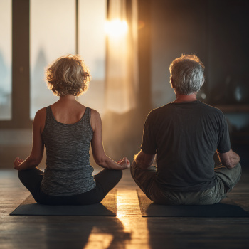 Senior fericit practicând yoga într-un mediu natural și armonios